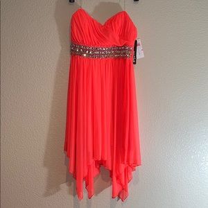 Pinkish orange, gem embroidered sweetheart dress.